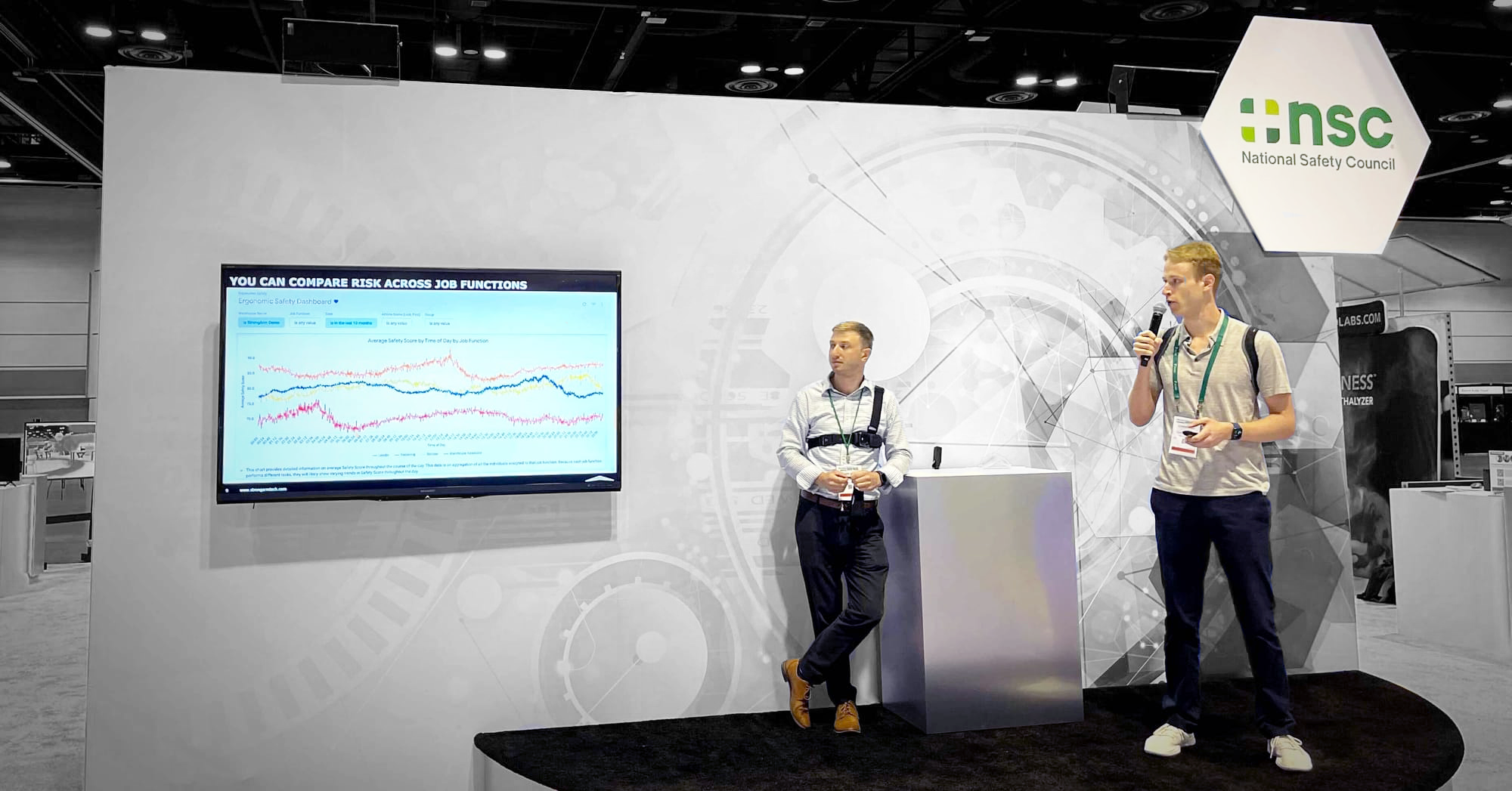 Two men standing on a small stage presenting a presentation. Both men are looking at a television with the presentation which shows a chart and says, "You Can Compare Risk Across Job Functions"